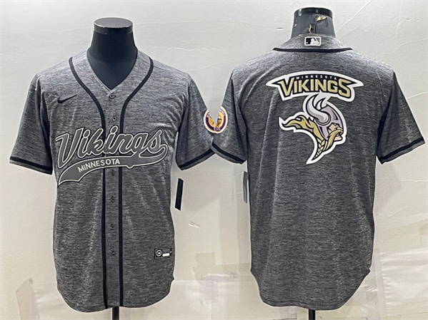 Men's Minnesota Vikings Gray Team Big Logo With Patch Cool Base Stitched Baseball Jersey